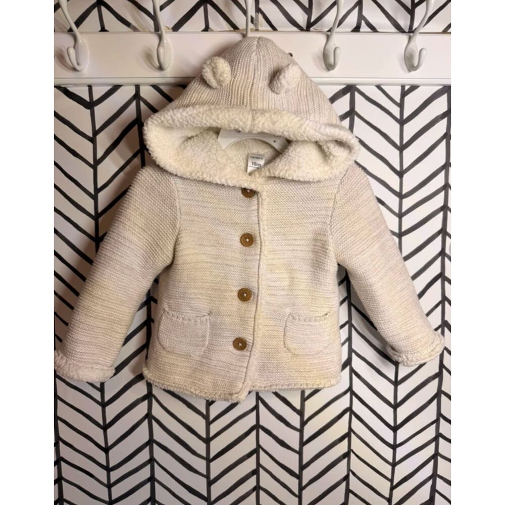 Carter’s Cream Shearling Lined Knit Button Sweater Jacket Baby Unisex 18M 5037